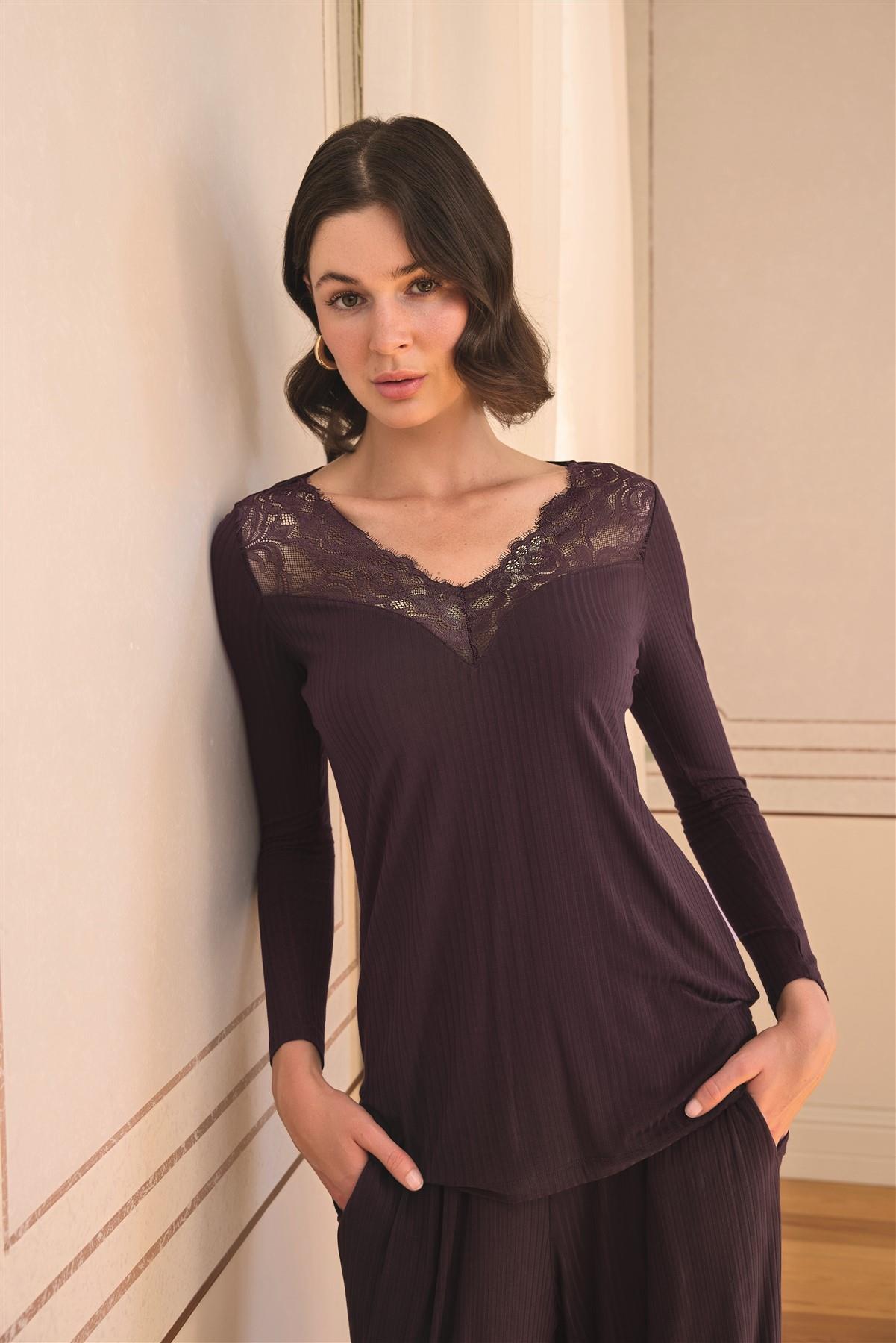 Uzun Kollu ve Dantelli Pijama Takımı