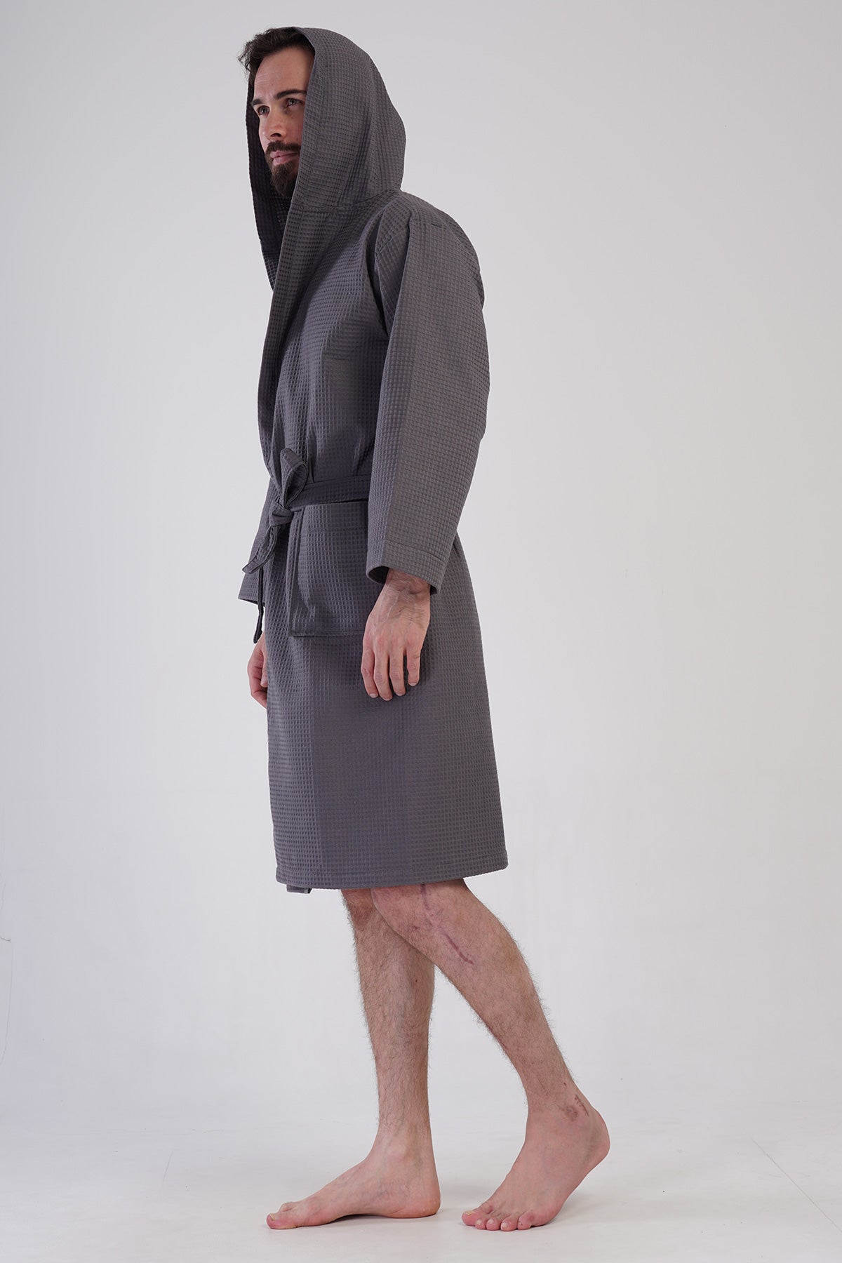 Man Waffle Thin Hoodie Detail Bathrobe