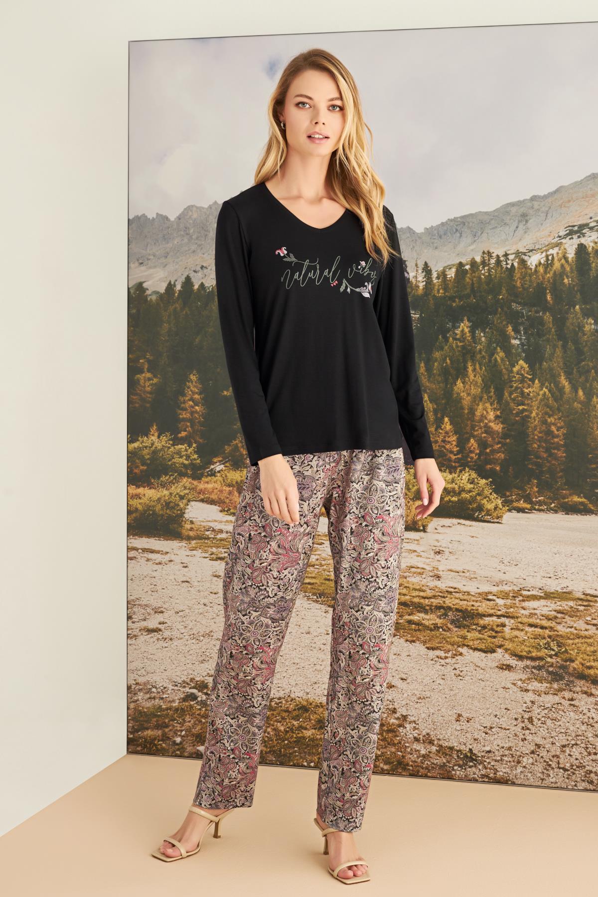 Yaprak Desenli "Natural Vibes" Pijama Takımı SİYAH L