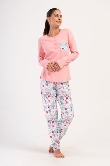 Woman Natalie Interlock Buttoned O Neck Pyjama Set