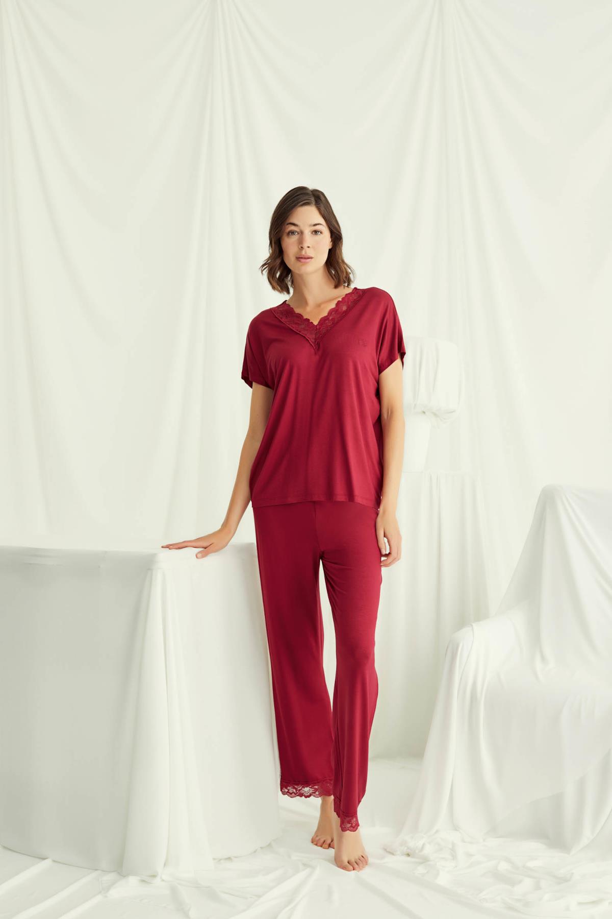 Kısa Kollu V Yakalı Dantelli Pijama Takımı KIRMIZI L