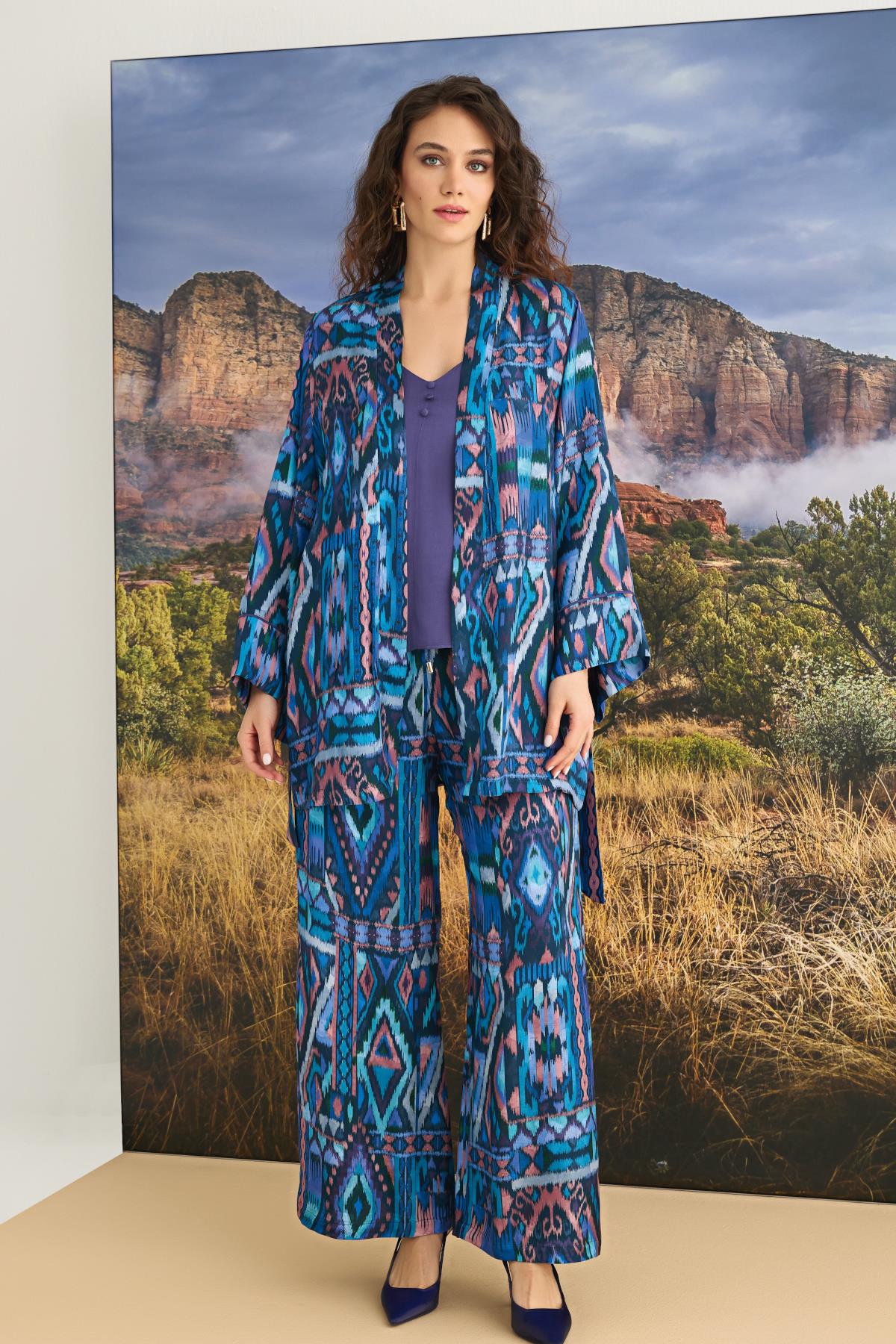 Etnik Desenli 3'lü Pijama Takımı MOR L