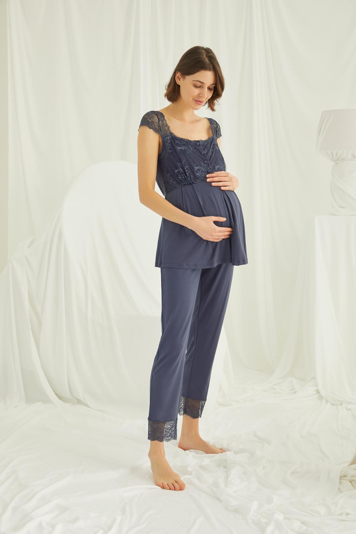 Dantelli Önü Düğmeli Hamile Lohusa Pijama Takımı LACİVERT L