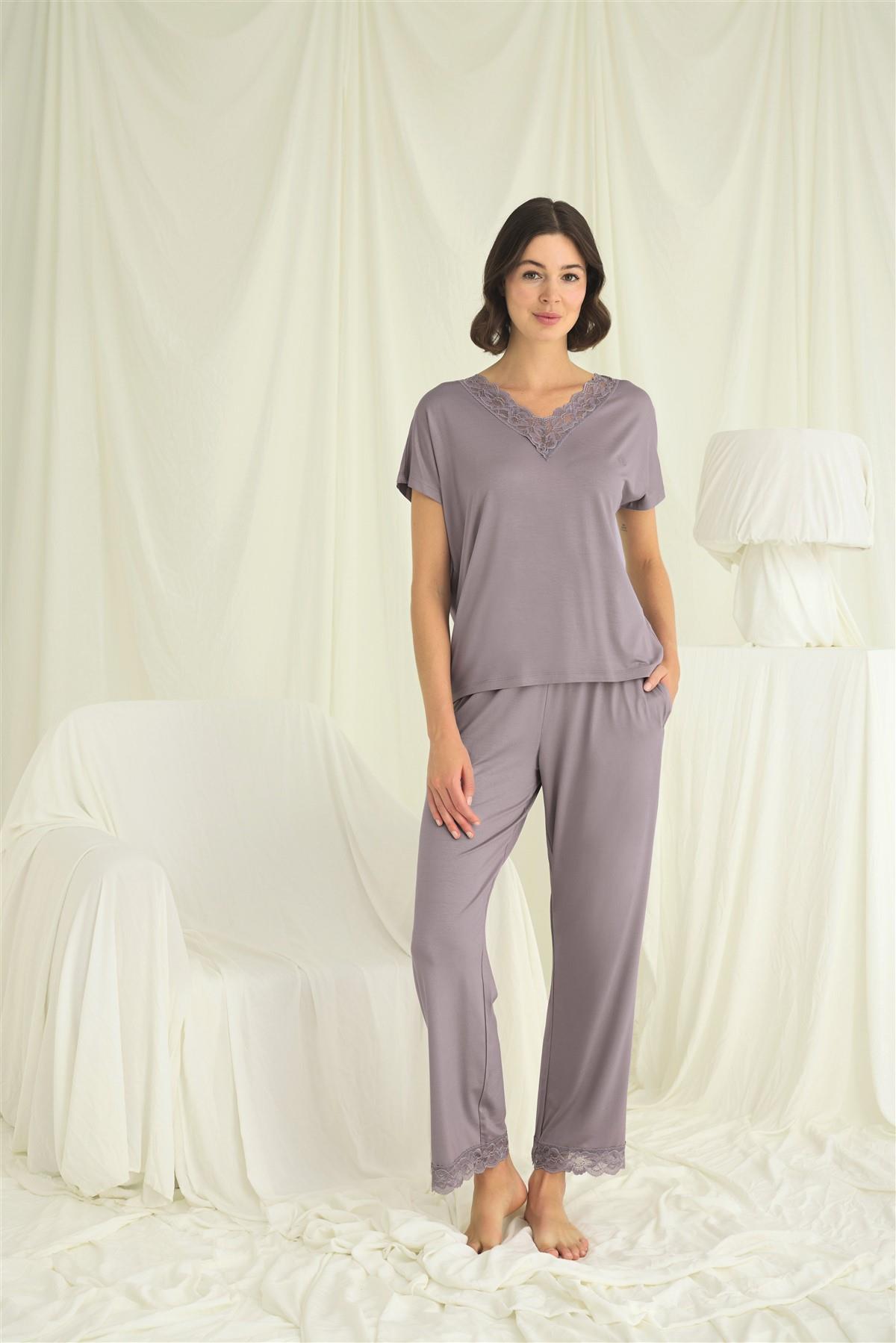Kısa Kollu V Yakalı Dantelli Pijama Takımı GRİ L