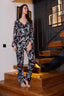 Çiçek ve Yaprak Desenli Düğmeli Gömlek Yakalı Saten Pijama Takımı