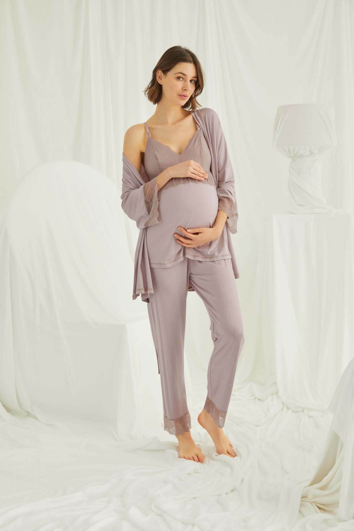 Dantelli Hamile Lohusa 3'lü Pijama Takımı