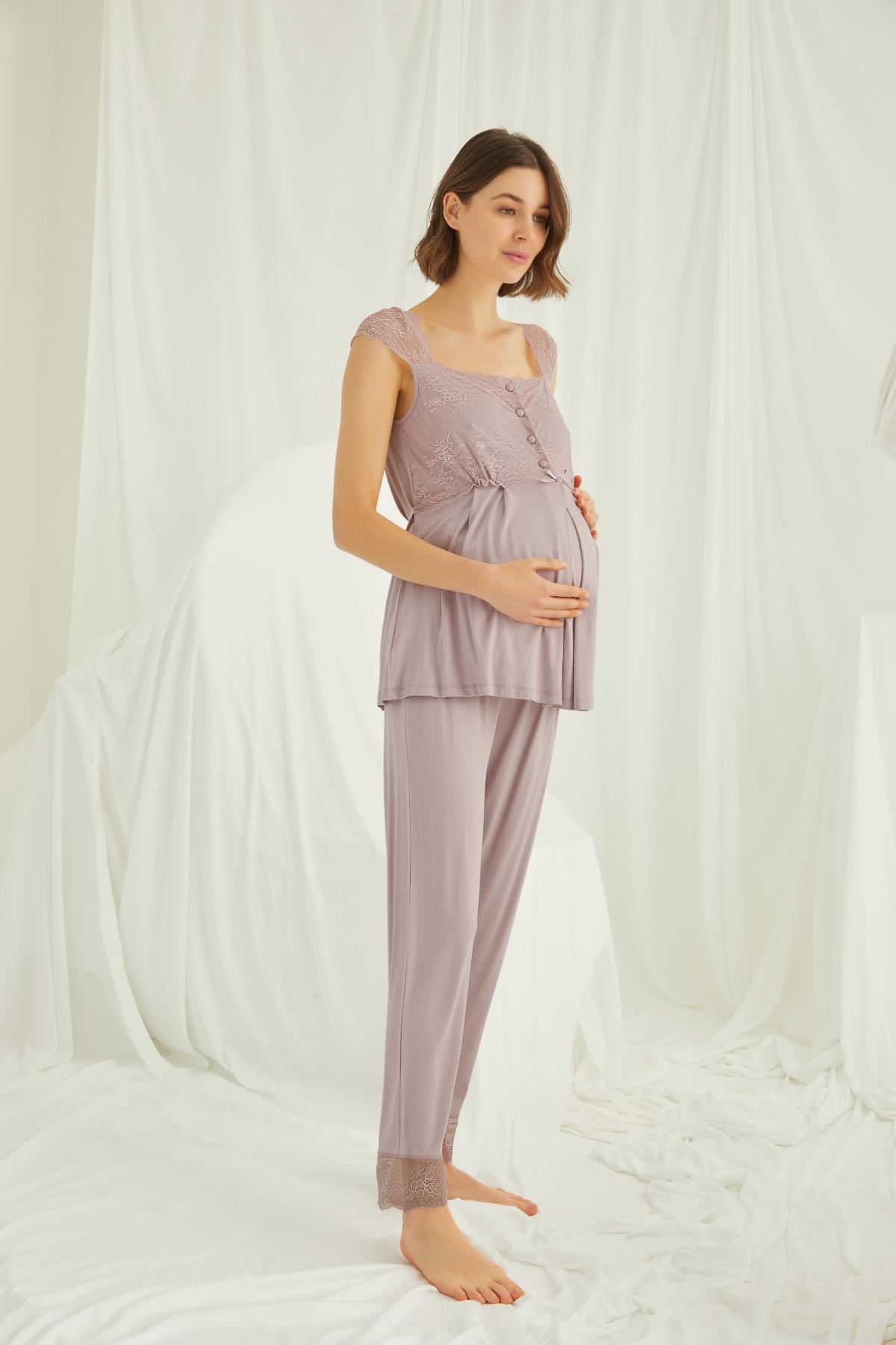 Dantelli Önü Düğmeli Hamile Lohusa Pijama Takımı VİZON L