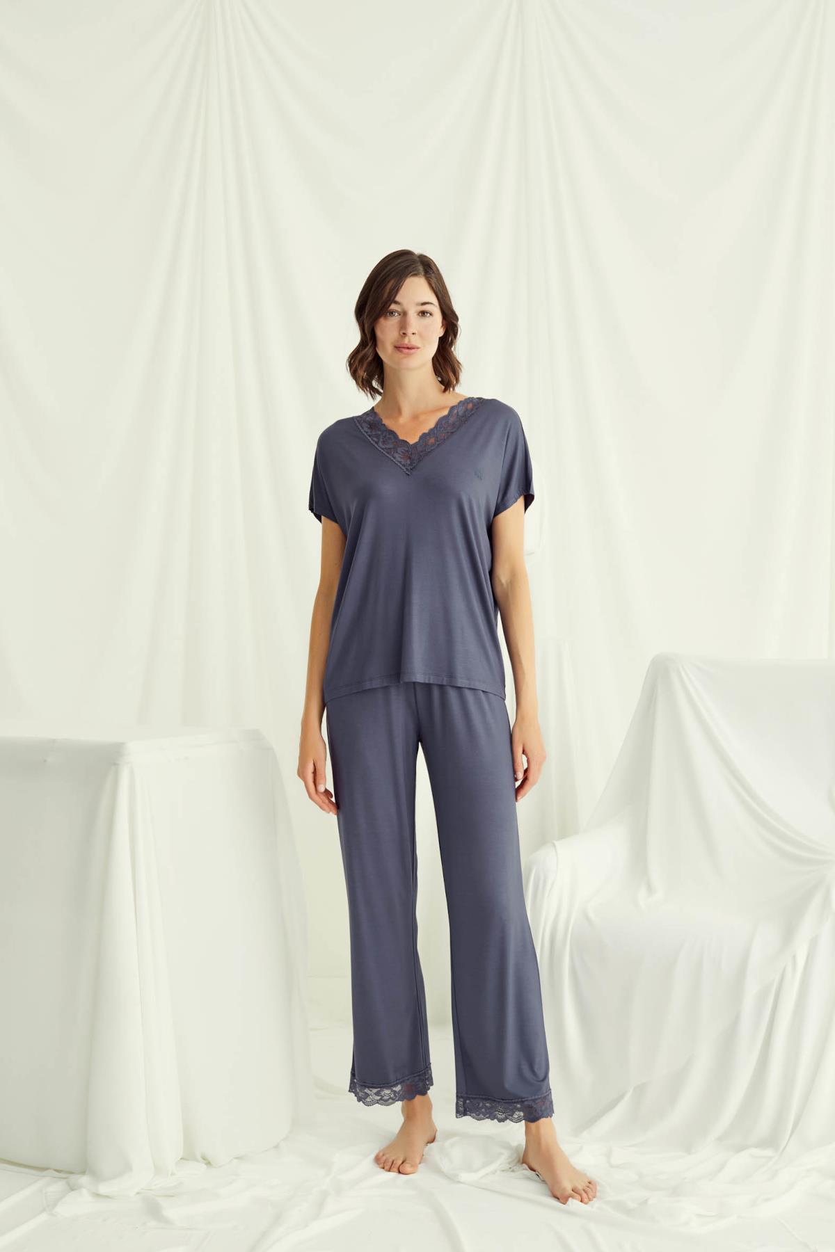 Kısa Kollu V Yakalı Dantelli Pijama Takımı LACİVERT L
