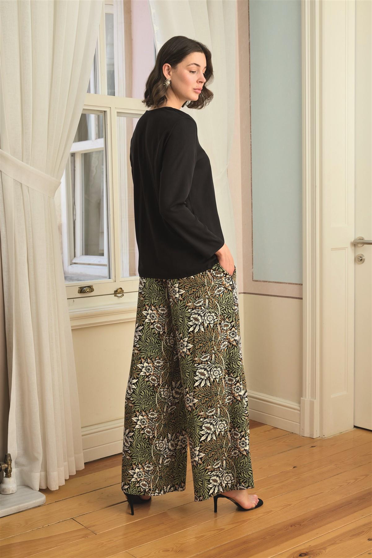 Çiçek Yaprak ve Etnik Desenli Uzun Kollu Pijama Takımı