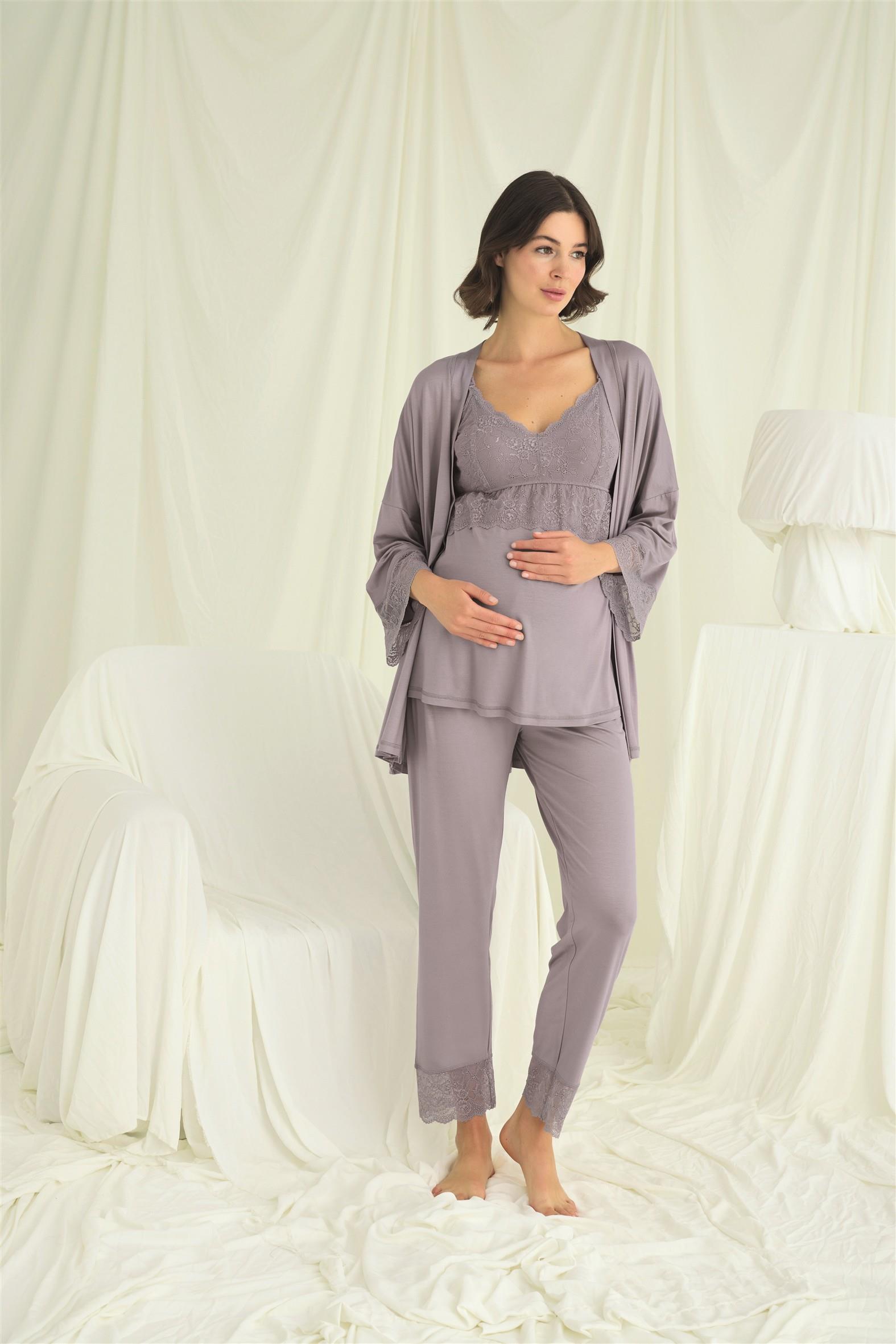 Dantelli Hamile Lohusa 3'lü Pijama Takımı GRİ L