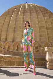 Çiçek ve Yaprak Desenli Saten Pijama Takımı PEMBE L
