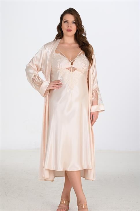 Aria's Closet 2li Fildişi Sabahlık Takımı Bigsize 6222 FİL DİŞİ 2XL