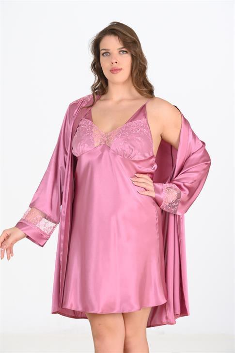 Aria's Closet Büyük Beden 2li Gülkurusu Sabahlık Takımı Bigsize 6204 EKRU 2XL