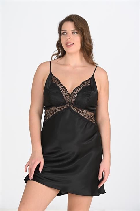 Aria's Closet Büyük Beden 2li Siyah Sabahlık Takımı Bigsize SİYAH 2XL