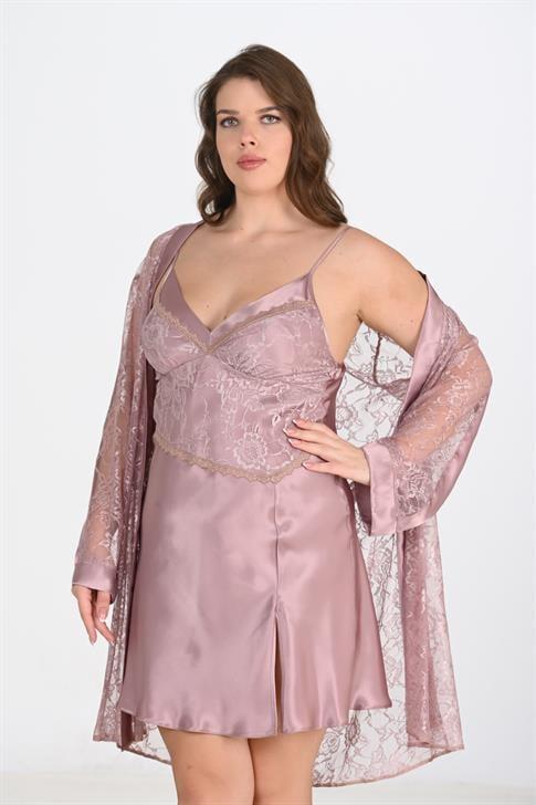 Aria's Closet Büyük Beden 2li Vizon Sabahlık Takımı Bigsize 6205 VİZON 2XL