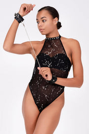 Aria's Closet Baskılı Tül Ve Deri Bileklik Şık Babydoll Siyah S-M