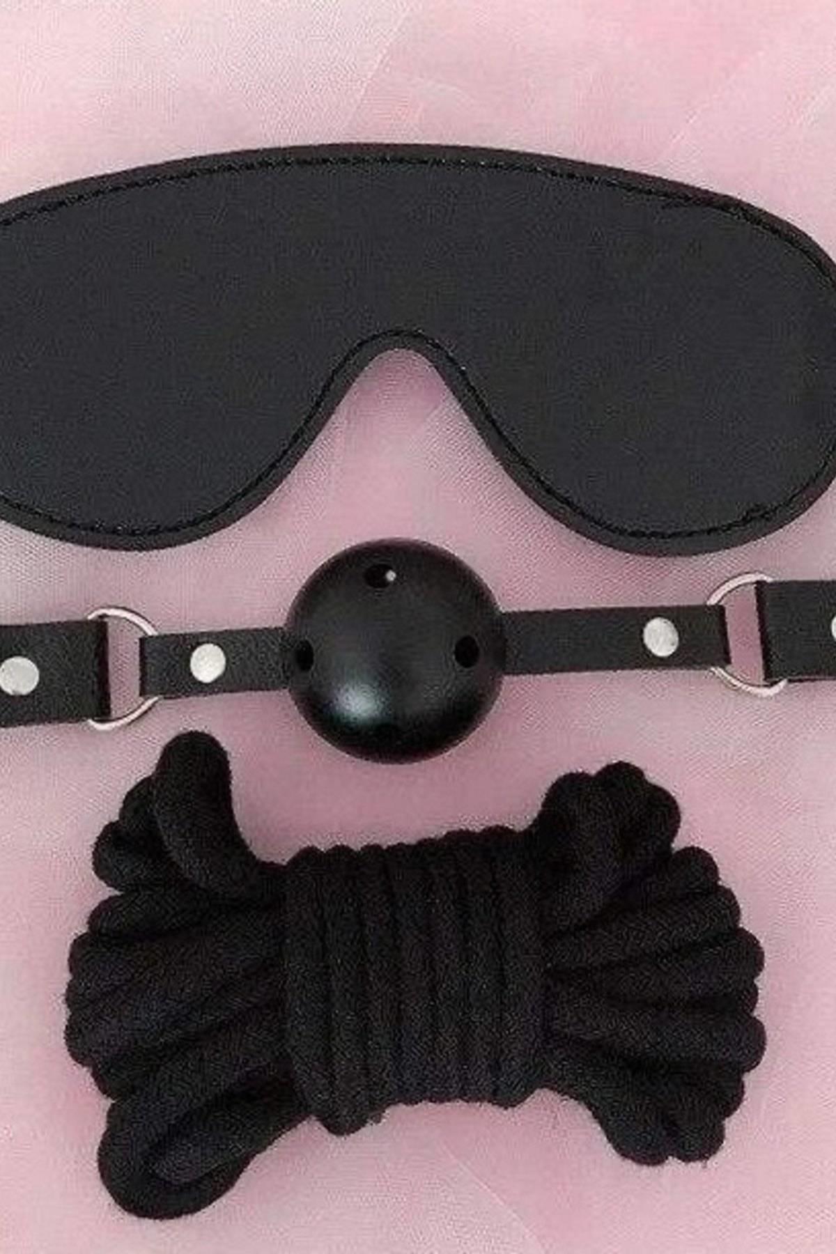 Aria's Closet Gözlük Ağız Topu İp Üçlü Deri Harness Set Siyah Standart