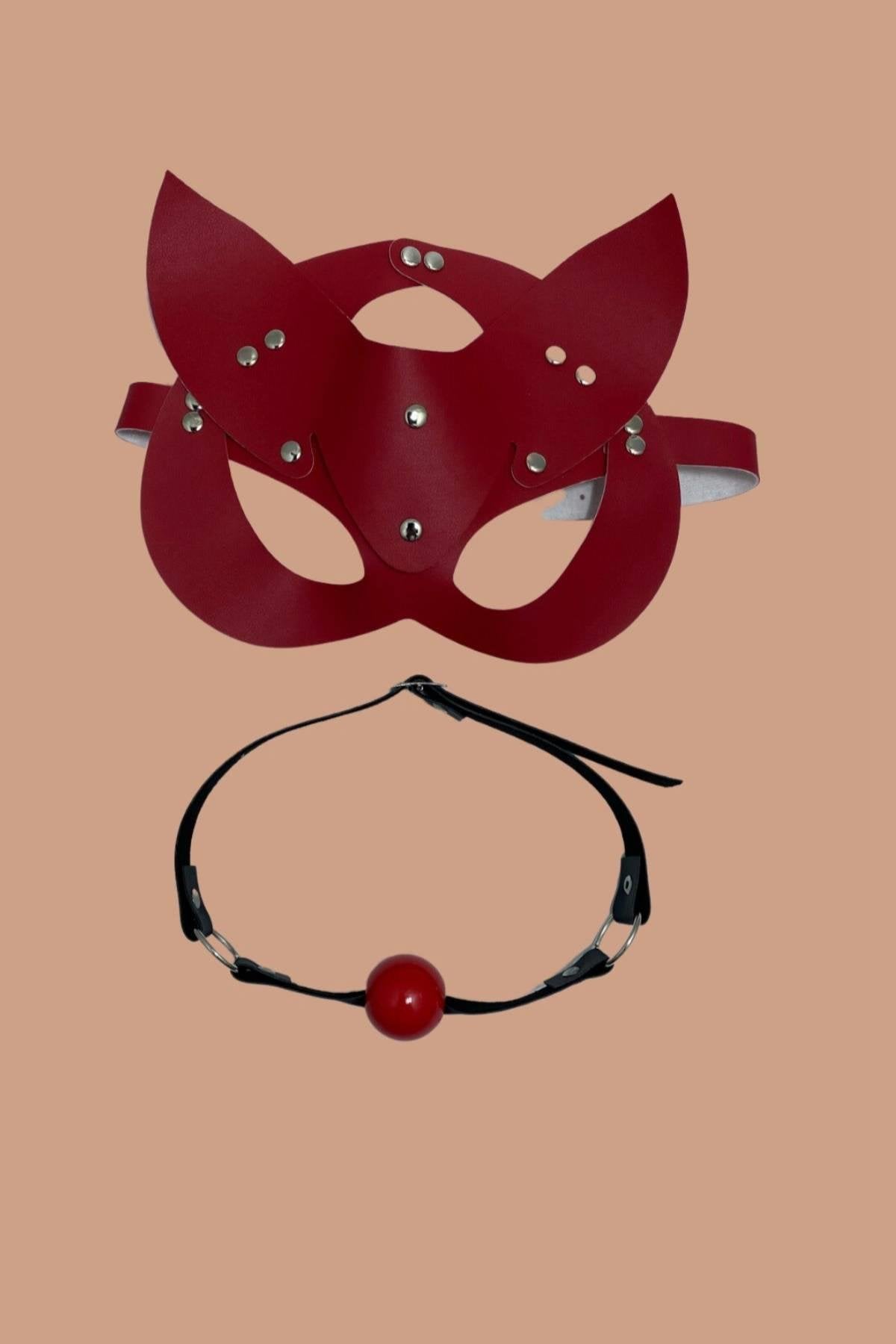 Aria's Closet Kırmızı Deri Maske ve Ağız Topu Harness Aksesuar Kırmızı Standart