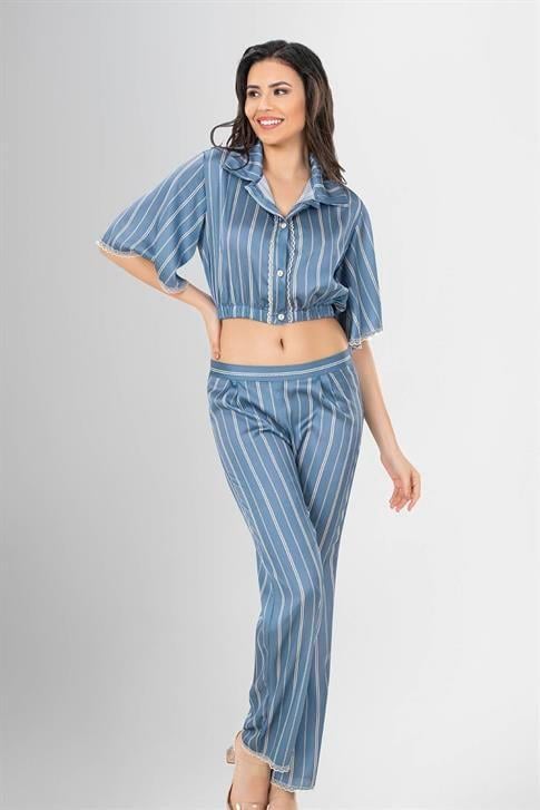 Aria's Closet 2'li Desenli Saten Pijama Takımı Görsel S