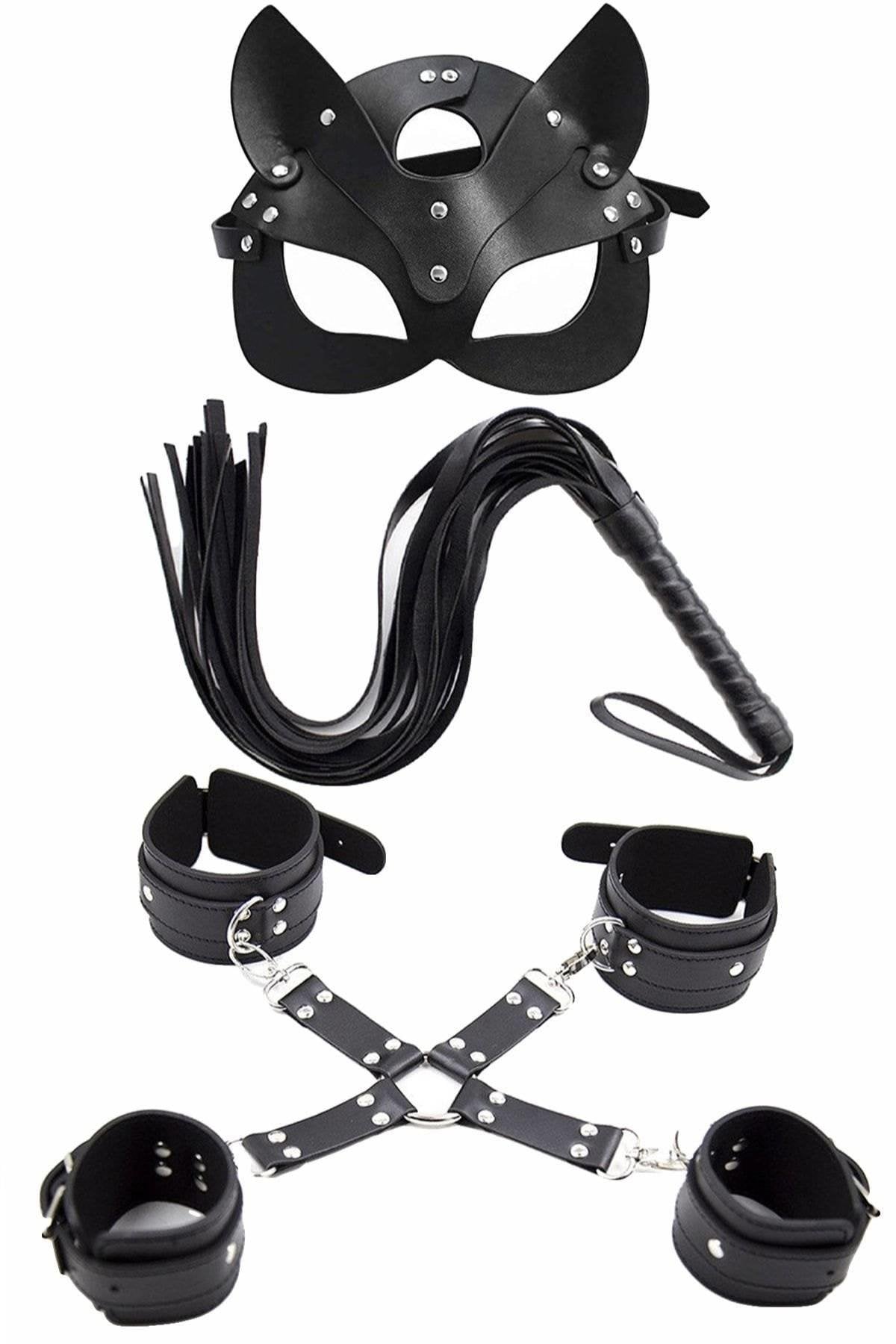 Aria's Closet Maske Kırbaç Bileklik 5 Li Harness Deri Set Siyah Standart
