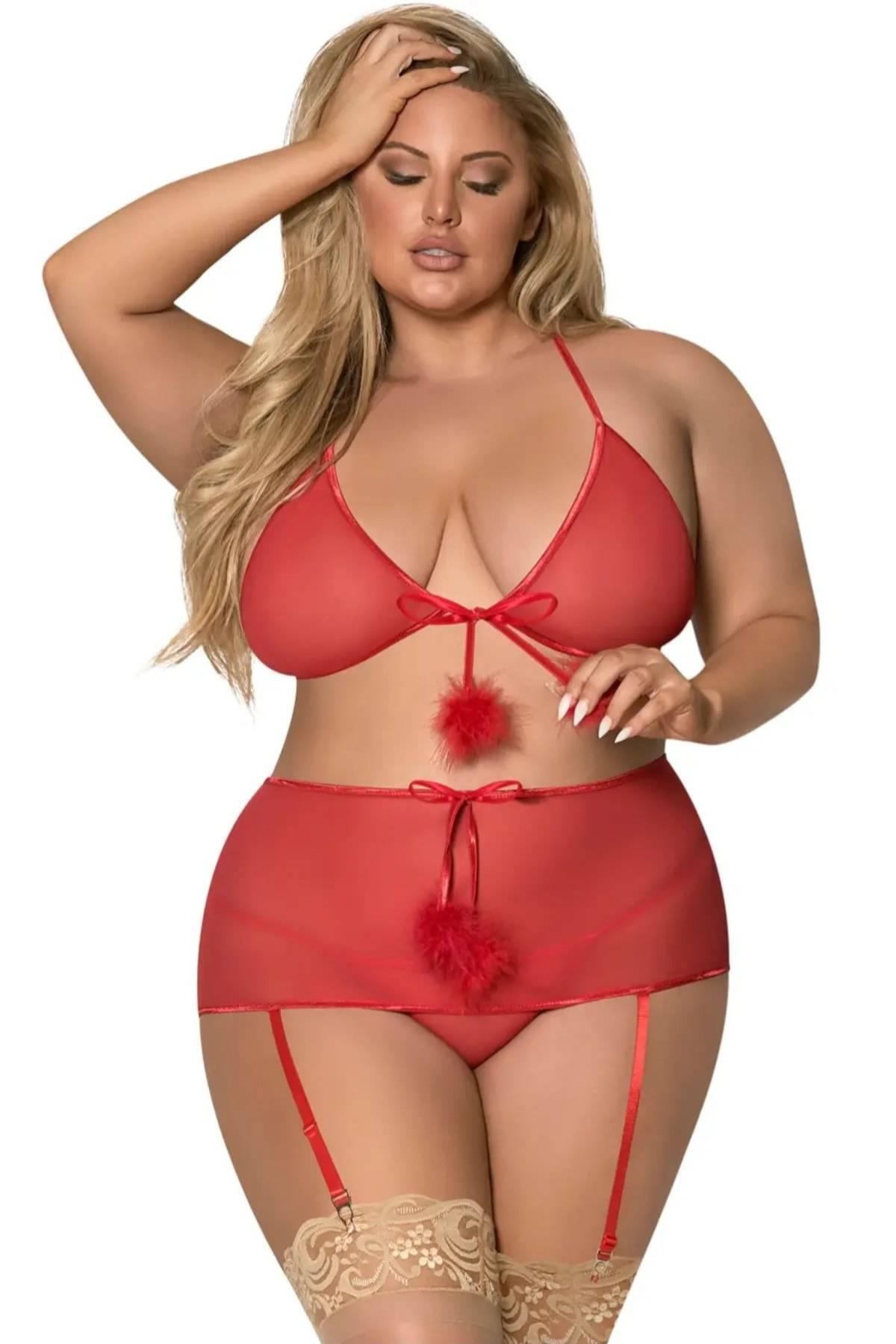 Aria's Closet Büyük Beden Kırmızı Fantezi Jariyerli Takım Siyah 3XL-4XL