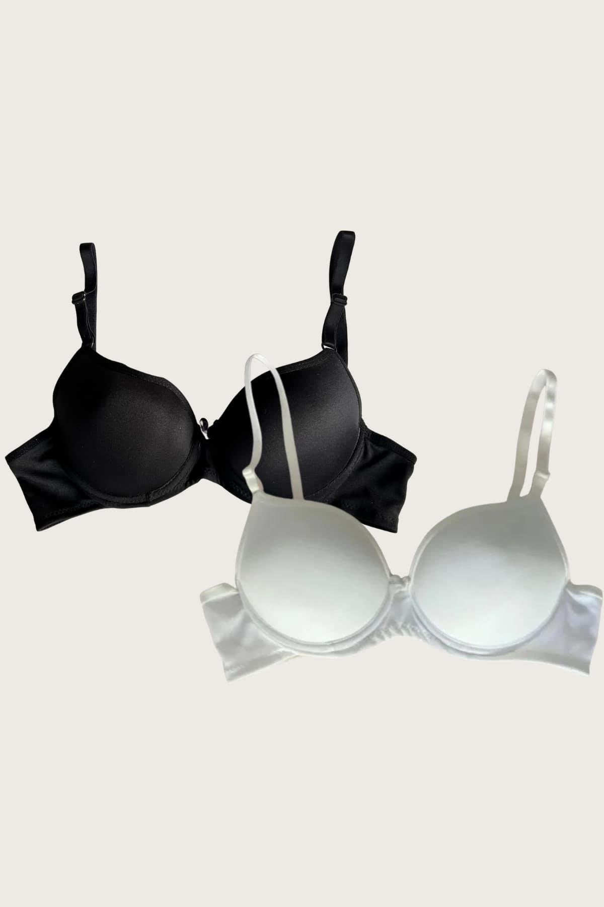 Aria's Closet Siyah-Beyaz 2'li Mikro Kumaş Push Up Dolgulu Balenli Günlük Destekli Sütyen Görsel 75B