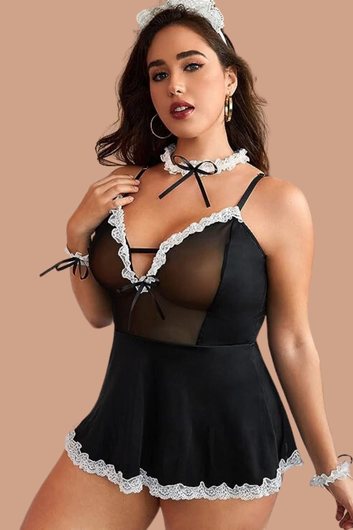 Aria's Closet Siyah Göğsü Tül İşlenmiş Şık Hemşire Kostümü