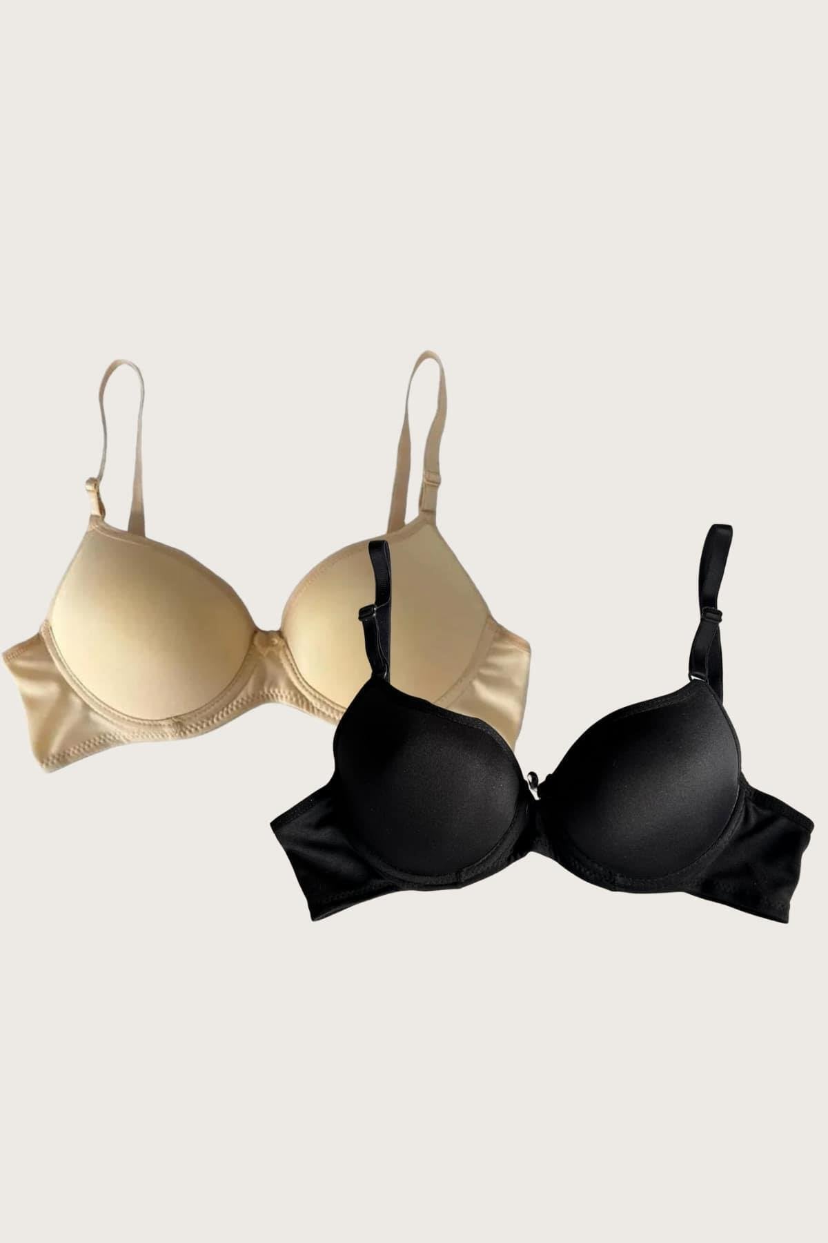 Aria's Closet Siyah-Ten 2'li Mikro Kumaş Push Up Dolgulu Balenli Günlük Destekli Sütyen