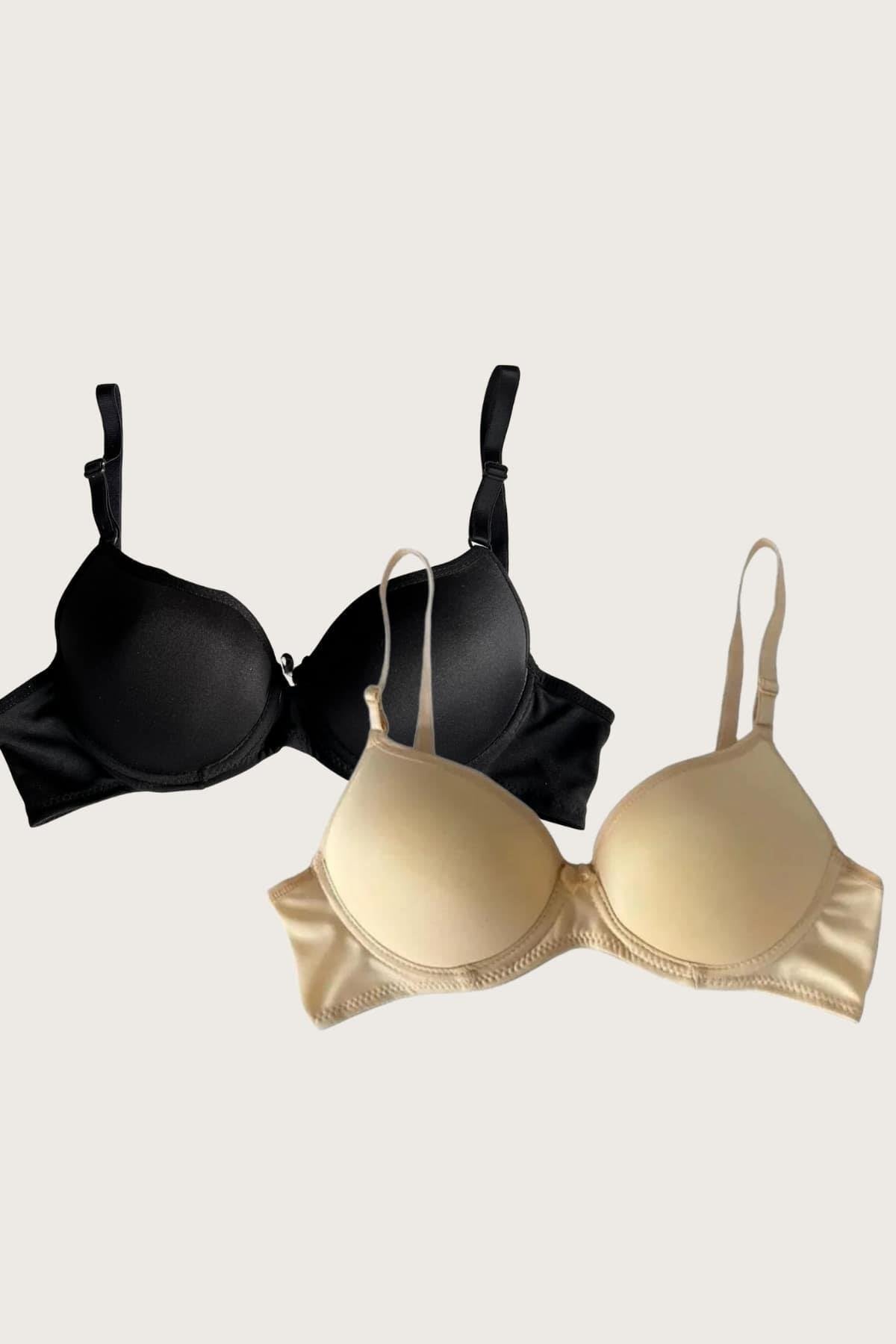 Aria's Closet Siyah-Ten 2'li Mikro Kumaş Push Up Dolgulu Balenli Günlük Destekli Sütyen