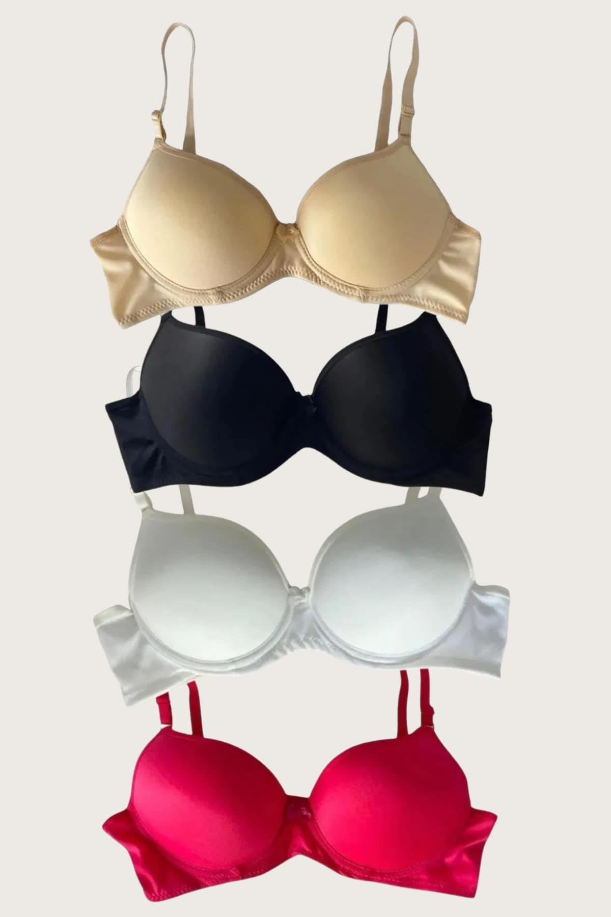 Aria's Closet Siyah-Beyaz-Kırmızı-Ten 4'lü Dolgulu Push Up Micro Balenli Günlük Tek Destekli Sütyen