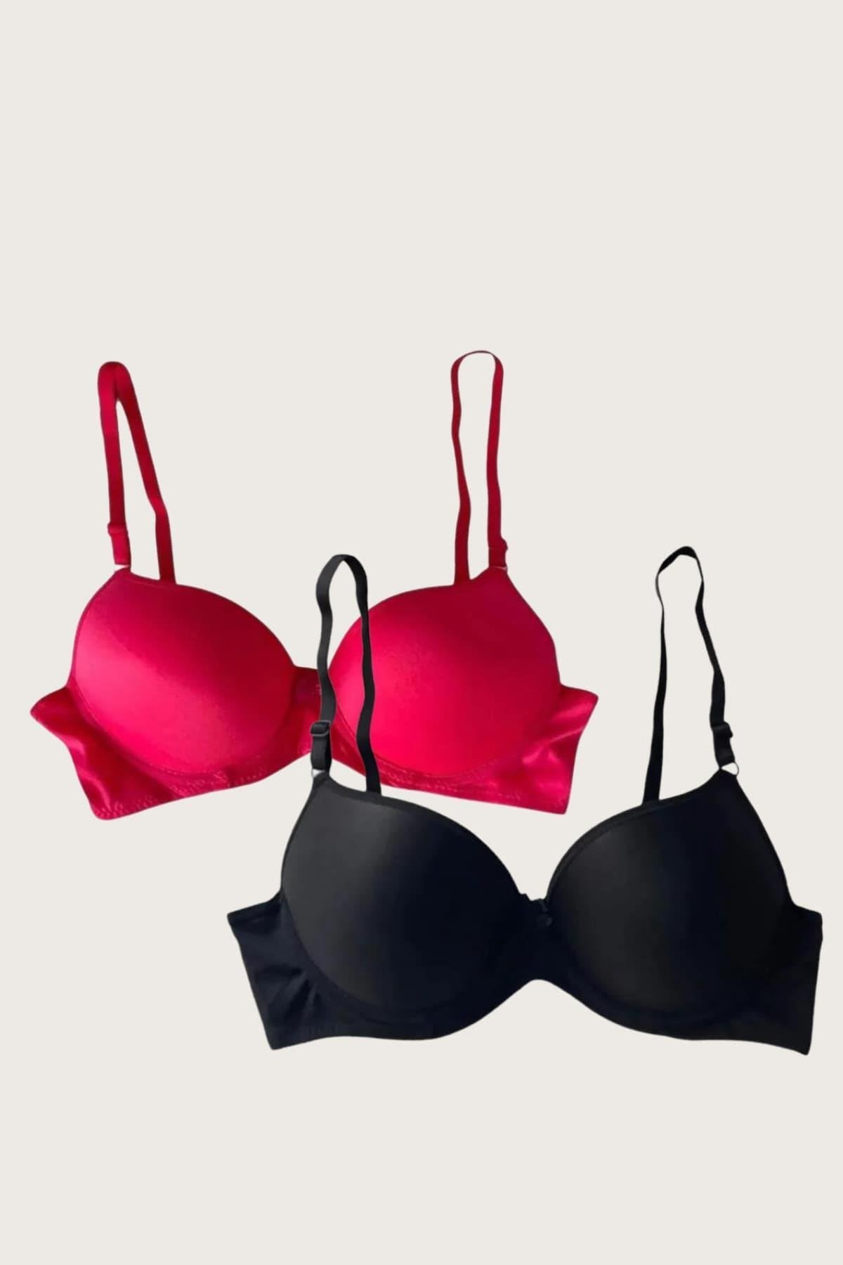 Aria's Closet Siyah-Kırmızı 2'li Mikro Kumaş Push Up Dolgulu Balenli Günlük Destekli Sütyen Görsel 75B