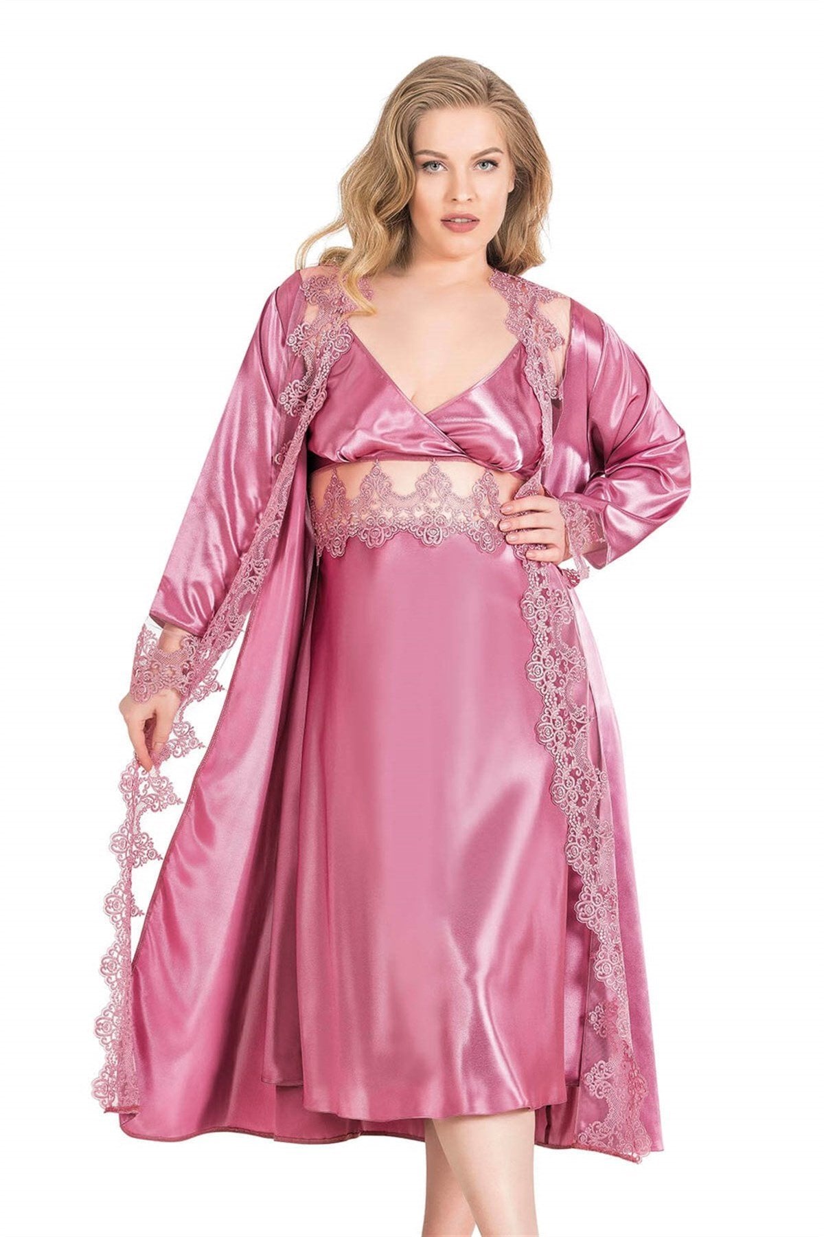 Aria's Closet Büyük Beden Gül Kurusu Uzun İkili Saten Sabahlık Gecelik Takımı GÜL KURUSU 2XL