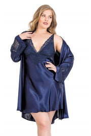 Aria's Closet Büyük Beden Lacivert Kısa İkili Saten Sabahlık Gecelik Takımı LACİVERT 2XL