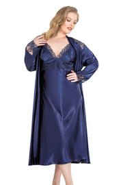 Aria's Closet Büyük Beden Lacivert Uzun İkili Saten Sabahlık Gecelik Takımı LACİVERT 2XL