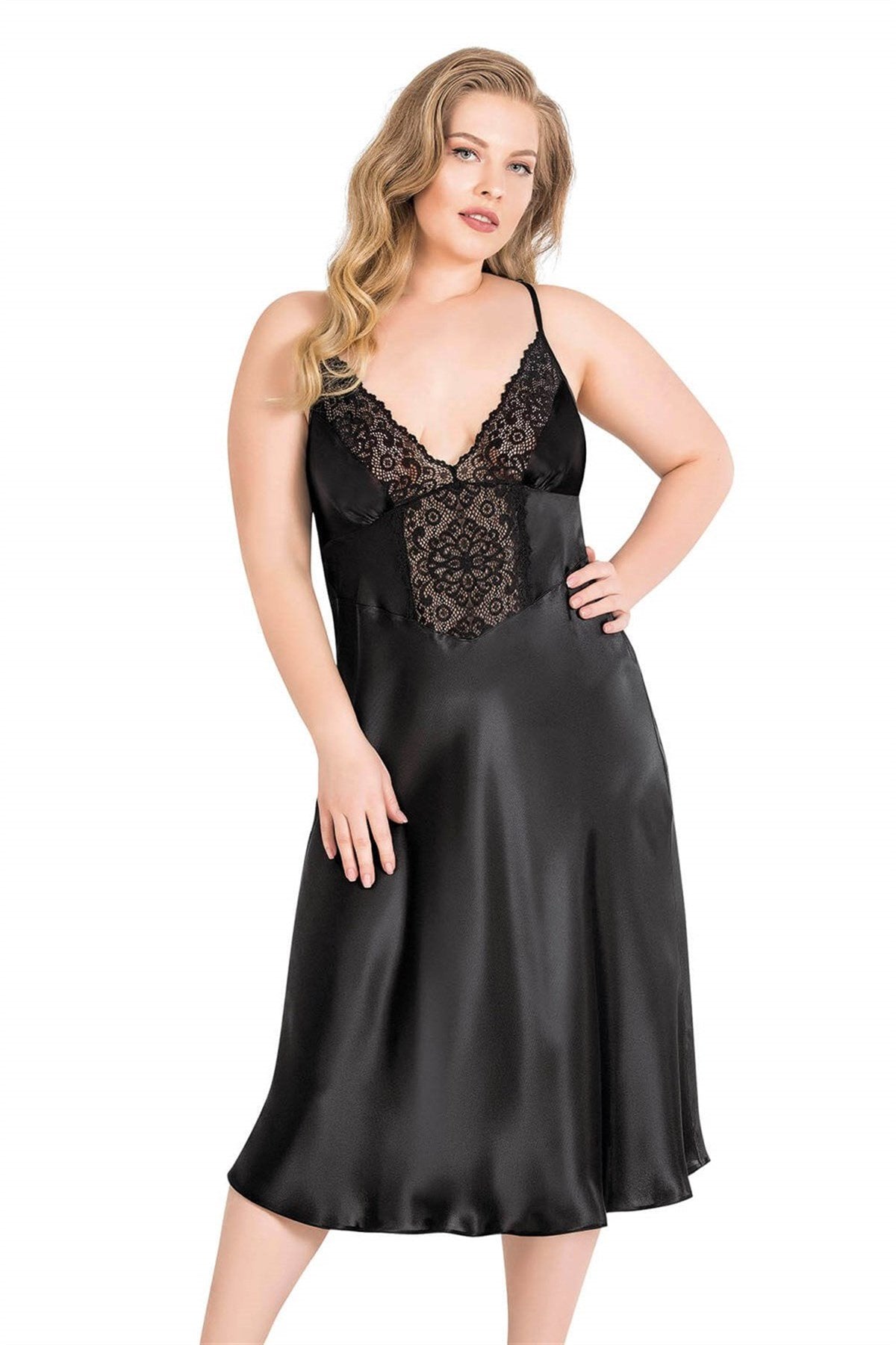 Aria's Closet Büyük Beden Siyah Uzun Saten Gecelik SİYAH 2XL