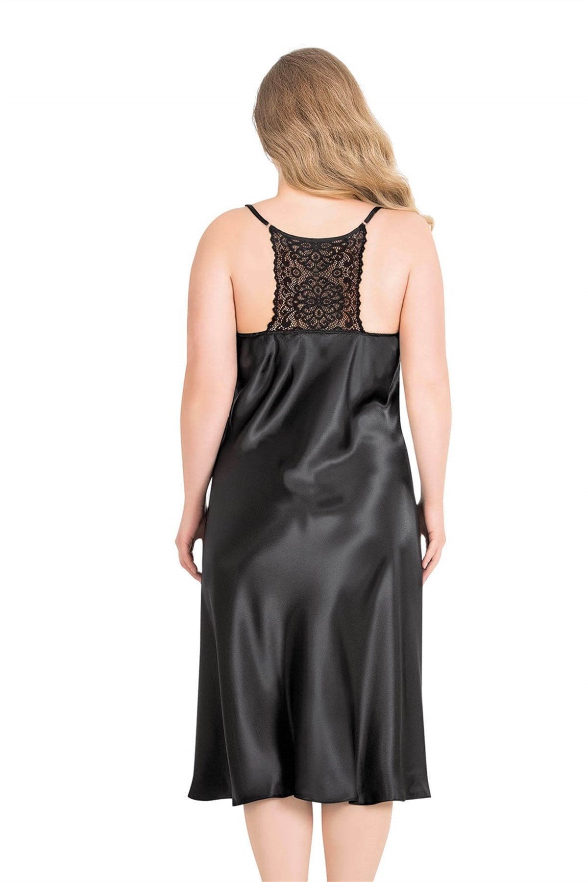 Aria's Closet Büyük Beden Siyah Uzun Saten Gecelik