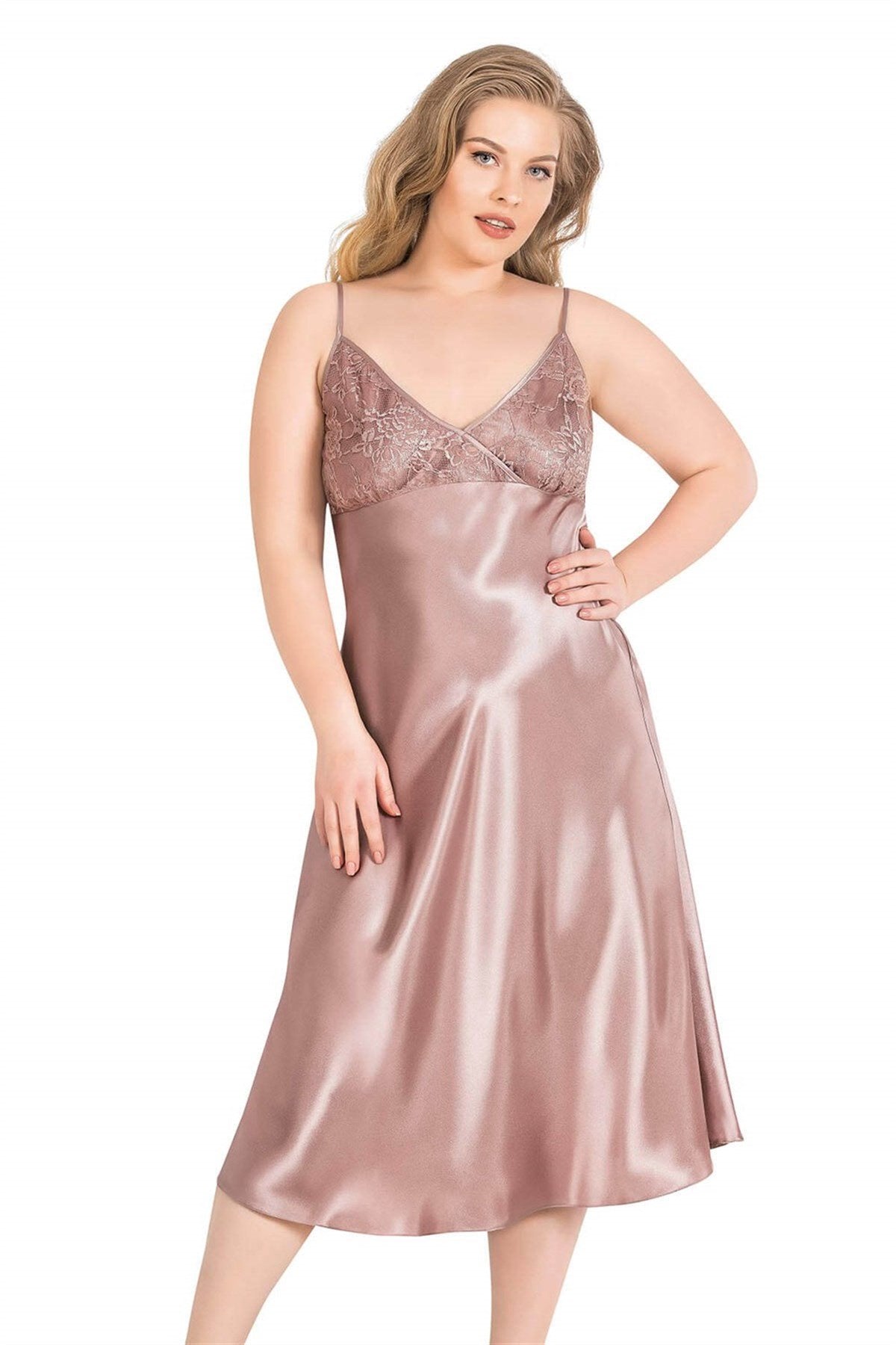 Aria's Closet Büyük Beden Vizon Uzun Saten Gecelik VİZON 2XL