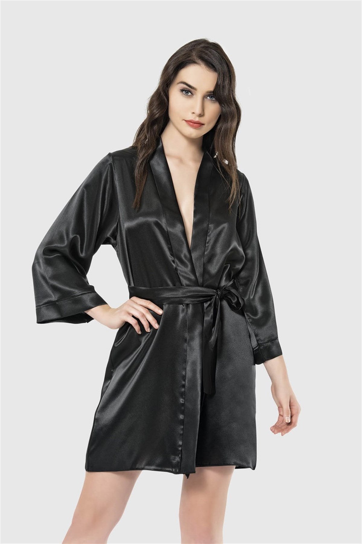 Aria's Closet Siyah Kısa Saten Sabahlık SİYAH S