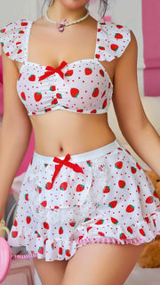 Aria's Closet Beyaz Çilek Desenli Etekli Fantezi Sütyen Takım Görsel S/M