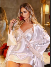 Aria's Closet Beyaz Dantel İşlemeli İnce Askılı Saten 2'li Gecelik Sabahlık Takımı Beyaz L