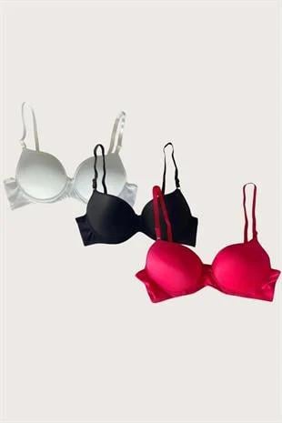 Aria's Closet Beyaz-Siyah-Kırmızı 3'lü Mikro Kumaş Push Up Dolgulu Balenli Günlük Destekli Sütyen Görsel 75B