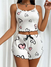 Aria's Closet Beyaz Üstüne Kalp Desenli Askılı Şortlu Pijama Takımı Görsel M