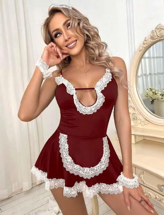Aria's Closet Bordo Beyaz Aksesuarlı Dantelli Fantezi Hizmetçi Kostümü