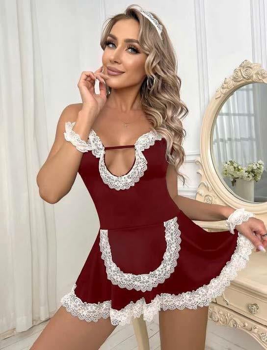 Aria's Closet Bordo Beyaz Aksesuarlı Dantelli Fantezi Hizmetçi Kostümü Bordo S/M