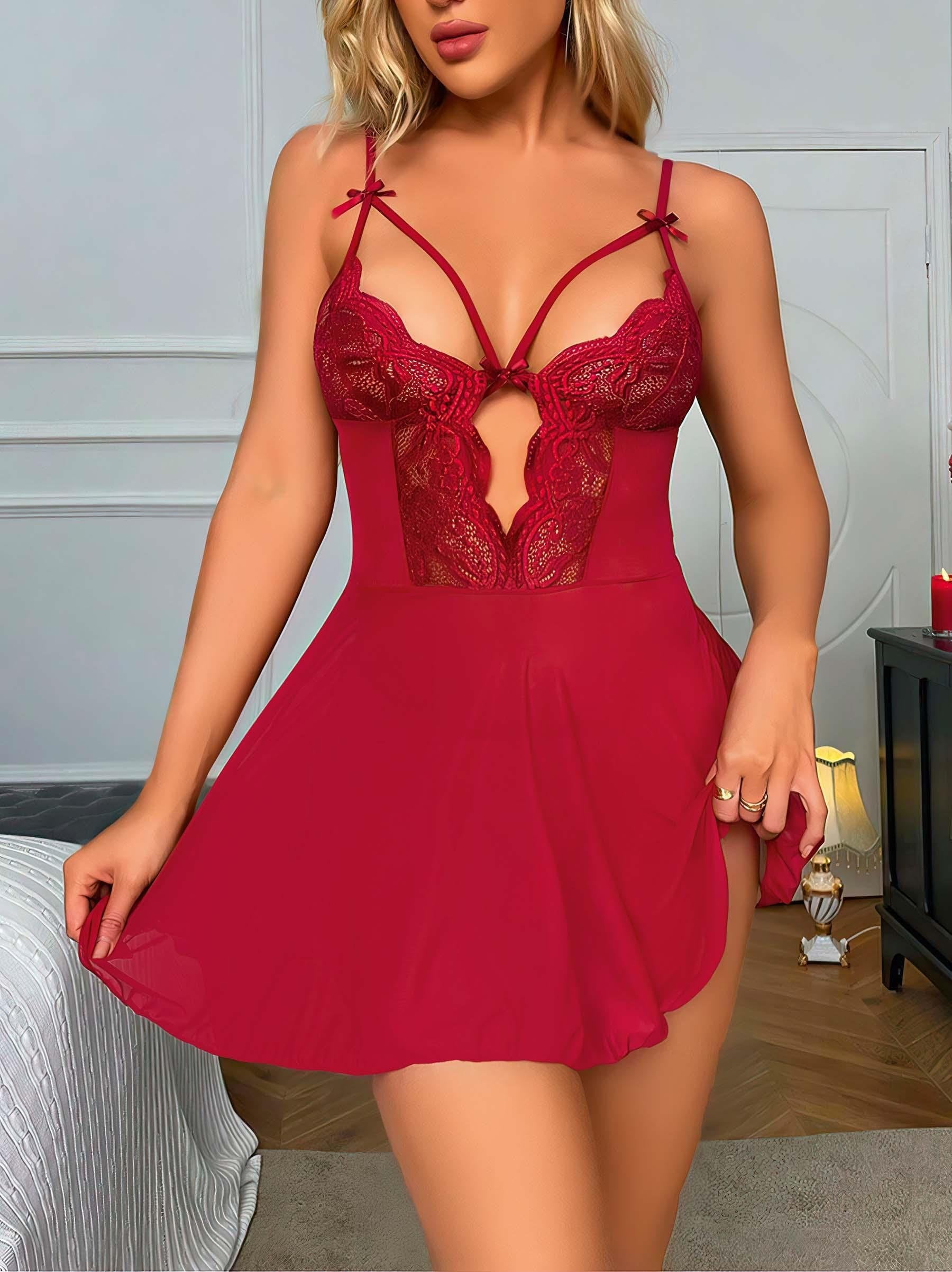 Aria's Closet Bordo Dantel İşlemeli Göğüs İp Detaylı Fantezi Tül Gecelik Takımı Bordo S/M