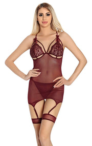 Aria's Closet Bordo Dantel İşlemeli Göğüs İp Detaylı Fantezi Jartiyer Takımı Bordo S/M