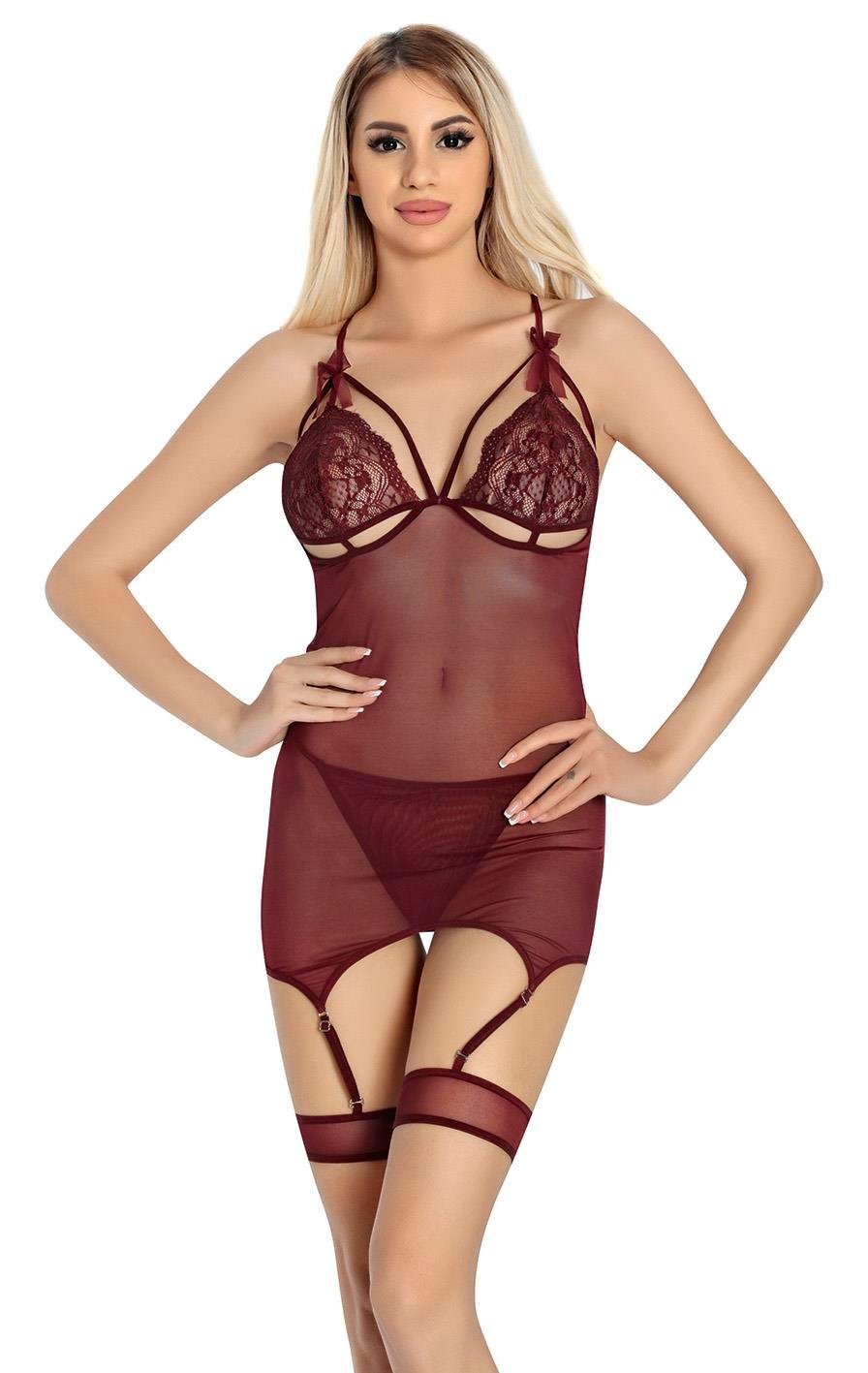 Aria's Closet Bordo Dantel İşlemeli Göğüs İp Detaylı Fantezi Jartiyer Takımı Bordo S/M