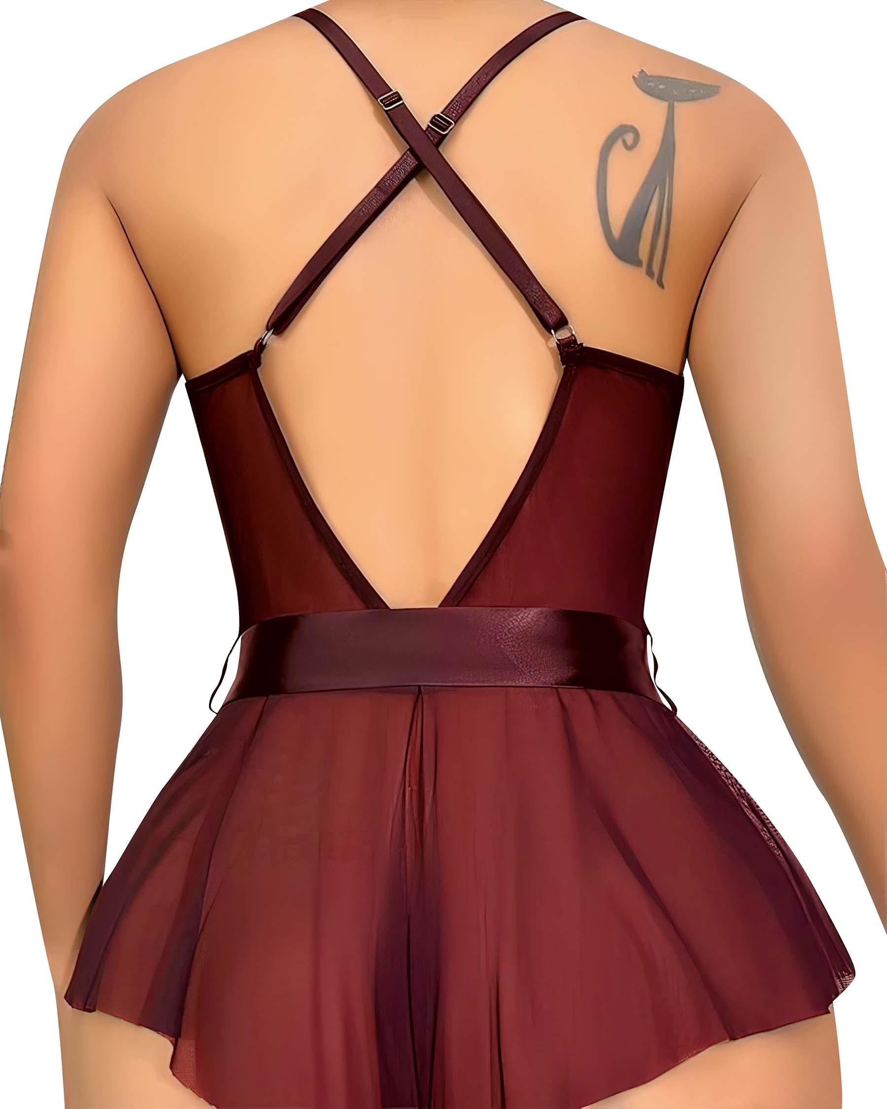 Aria's Closet Bordo Dantel İşlemeli Kurdelalı Fantezi Tül Babydoll