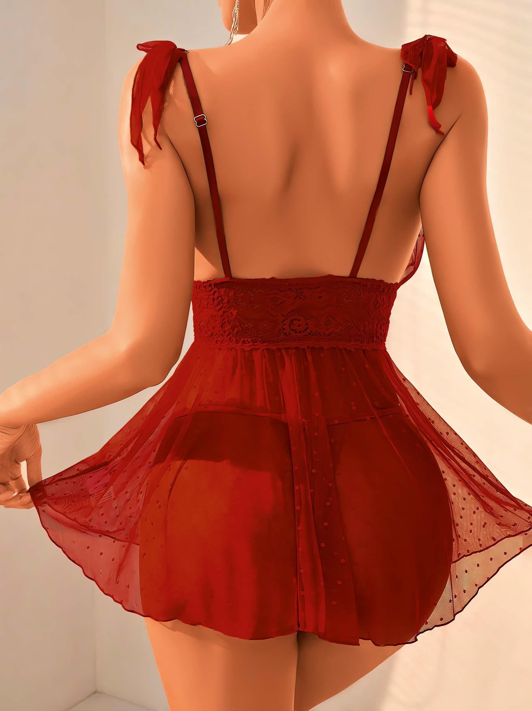 Aria's Closet Bordo Dantel İşlemeli Puantiyeli Tül Fantezi Gecelik