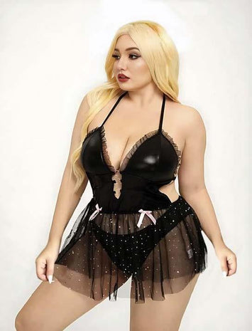 Aria's Closet Büyük Beden Askılı Fantezi Tül Etekli Takım Siyah 3XL